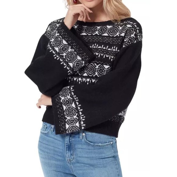 Sam Edelman Benton Metallic Wheaton Fairisle Black Drop Shoulder Sweater Med NWT - Picture 1 of 7
